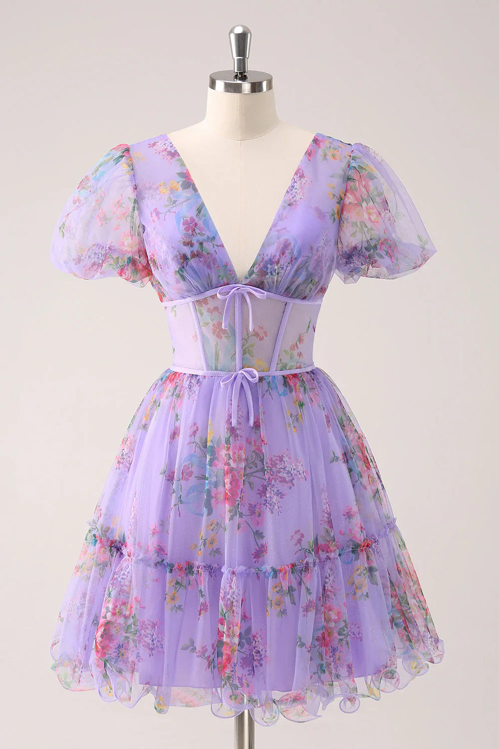 omberprom A-Line Homecoming Dress Purple V Neck Corset Floral with Lace Up Back