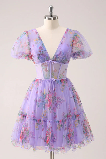 omberprom A-Line Homecoming Dress Purple V Neck Corset Floral with Lace Up Back