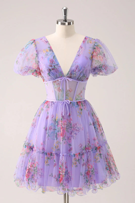 omberprom A-Line Homecoming Dress Purple V Neck Corset Floral with Lace Up Back