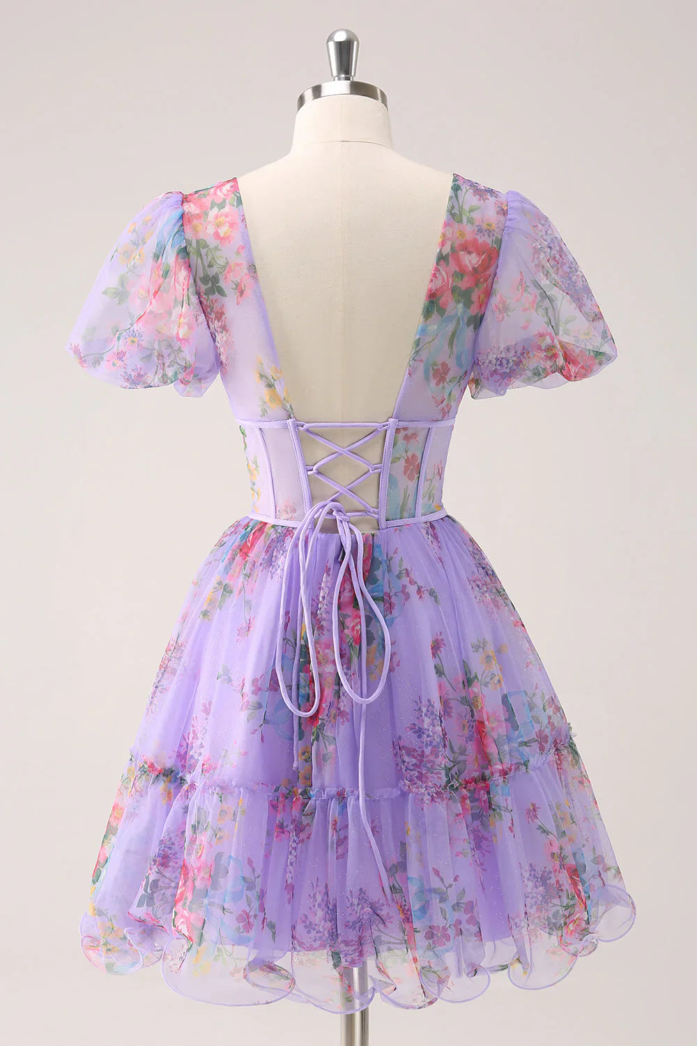 omberprom A-Line Homecoming Dress Purple V Neck Corset Floral with Lace Up Back