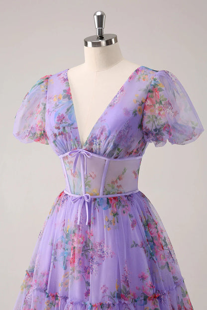 omberprom A-Line Homecoming Dress Purple V Neck Corset Floral with Lace Up Back