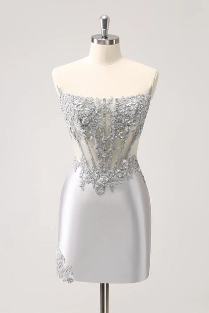 omberprom Fashion Homecoming Dress Glitter Silver Corset Strapless Graduation Dresses