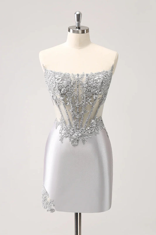 omberprom Fashion Homecoming Dress Glitter Silver Corset Strapless Graduation Dresses