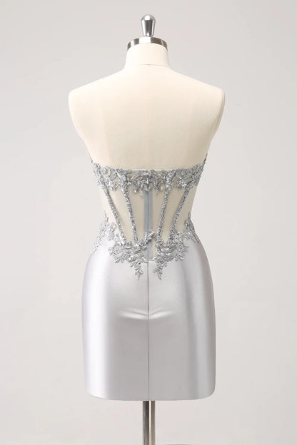 omberprom Fashion Homecoming Dress Glitter Silver Corset Strapless Graduation Dresses