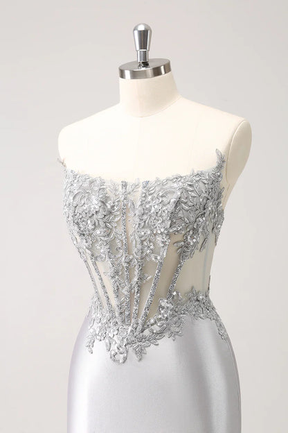 omberprom Fashion Homecoming Dress Glitter Silver Corset Strapless Graduation Dresses