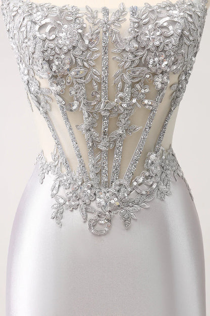 omberprom Fashion Homecoming Dress Glitter Silver Corset Strapless Graduation Dresses