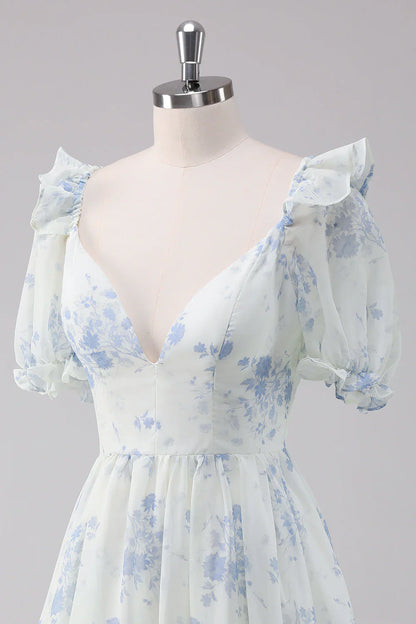 omberprom Elegant Homecoming Dress Short Sleeves Light Blue Floral Short with Dress