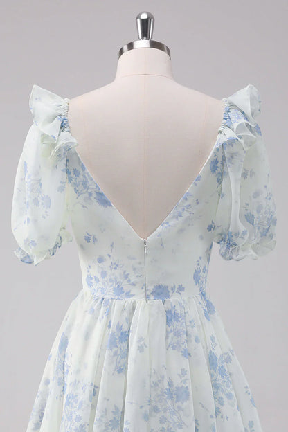 omberprom Elegant Homecoming Dress Short Sleeves Light Blue Floral Short with Dress
