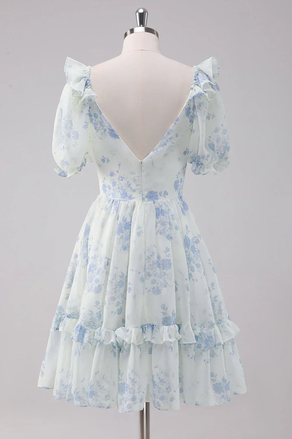 omberprom Elegant Homecoming Dress Short Sleeves Light Blue Floral Short with Dress