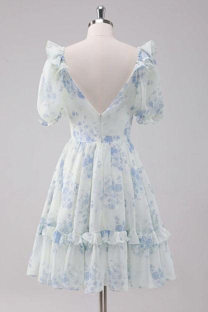 omberprom Elegant Homecoming Dress Short Sleeves Light Blue Floral Short with Dress