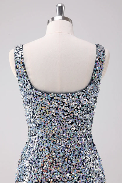 omberprom Fashionable and Beautiful Homecoming Dress Sparkly Silver Square Neck Graduation Dresses