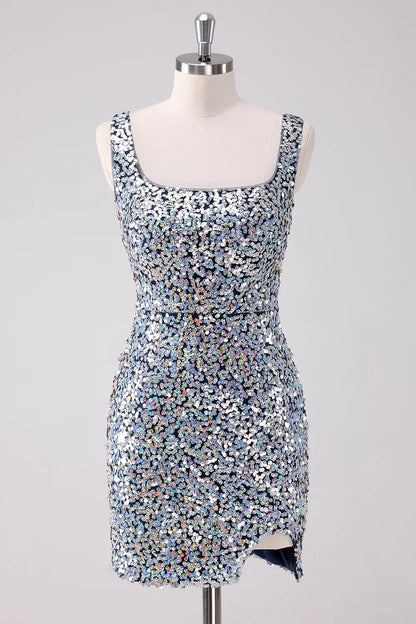 omberprom Fashionable and Beautiful Homecoming Dress Sparkly Silver Square Neck Graduation Dresses