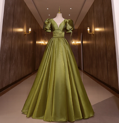Vintage Olive Green Deep V-Neck Puff Sleeve Satin Long Prom Dress Evening Dress P4409