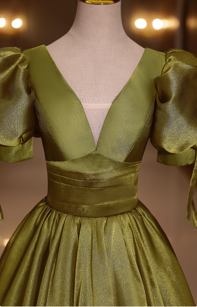 Vintage Olive Green Deep V-Neck Puff Sleeve Satin Long Prom Dress Evening Dress P4409