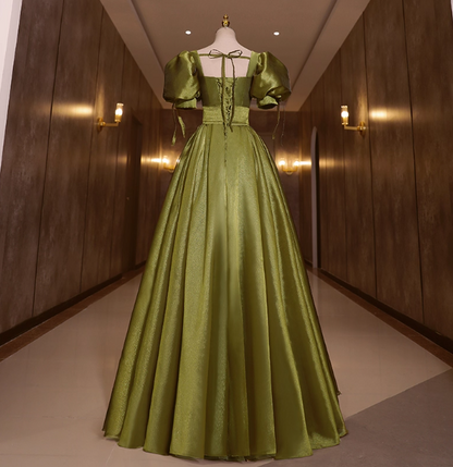 Vintage Olive Green Deep V-Neck Puff Sleeve Satin Long Prom Dress Evening Dress P4409