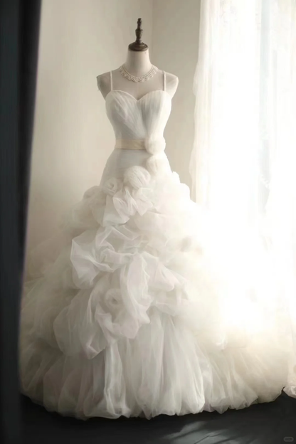 Gorgeous White Spaghetti Straps Tulle Pleated A Line Formal Long Wedding Dress Y9034