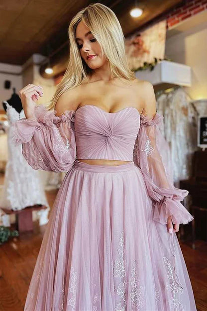 Dusty Pink Tulle Lace Long Prom Dress