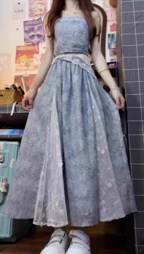 Blue lace tube top dress 2025 new beautiful waist a-line long skirt R0675