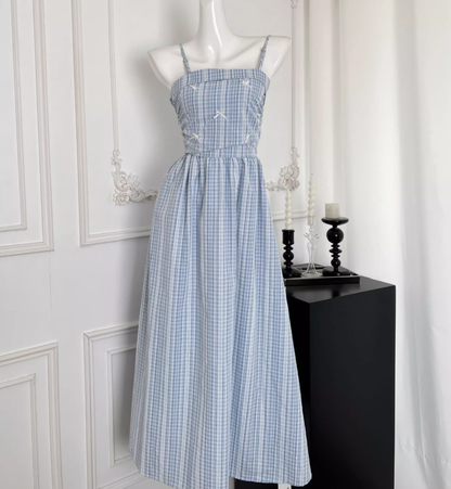 Blue plaid lace slim and high-end detachable suspender tube top long skirt R1984
