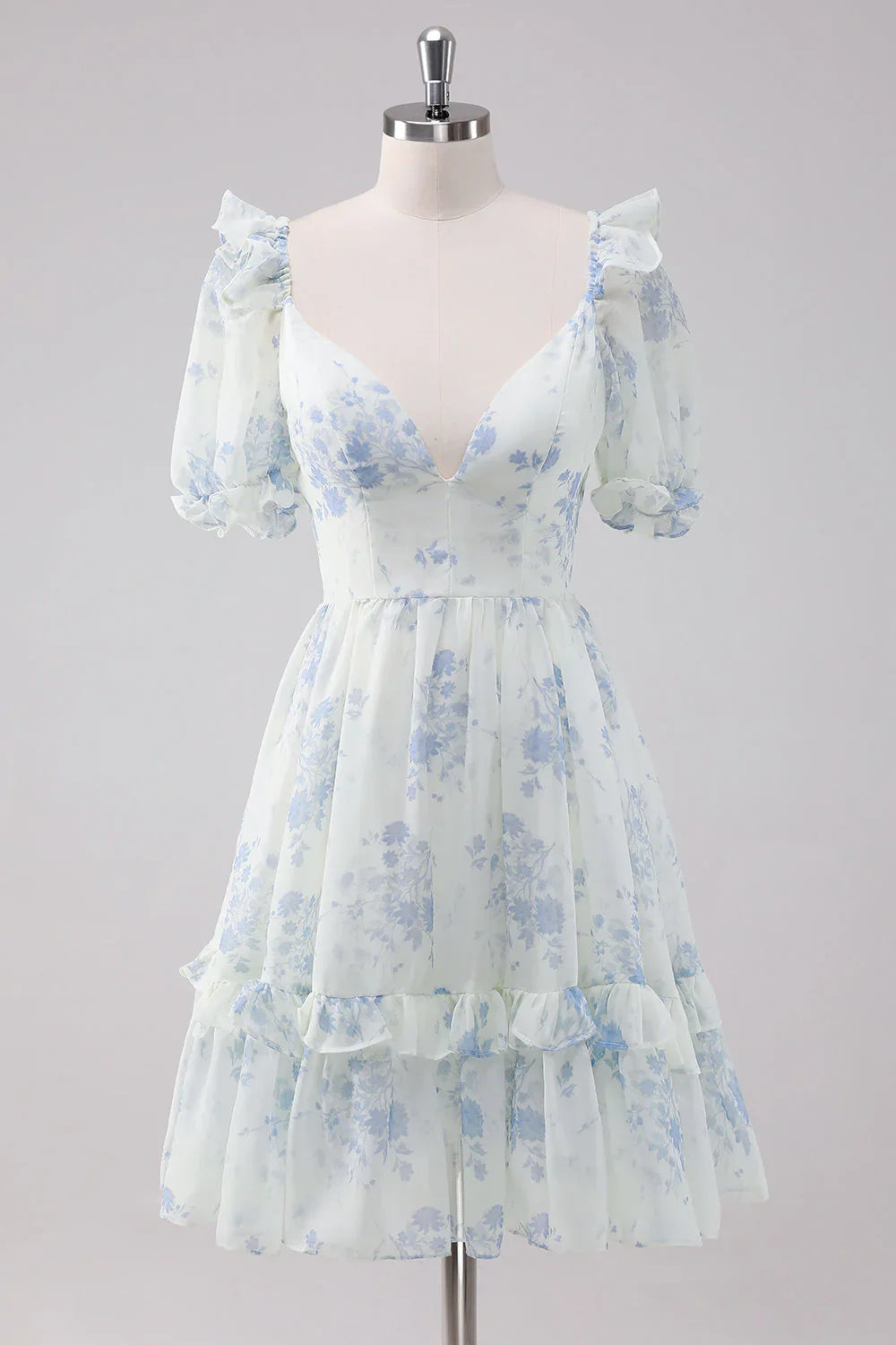 omberprom Elegant Homecoming Dress Short Sleeves Light Blue Floral Short with Dress