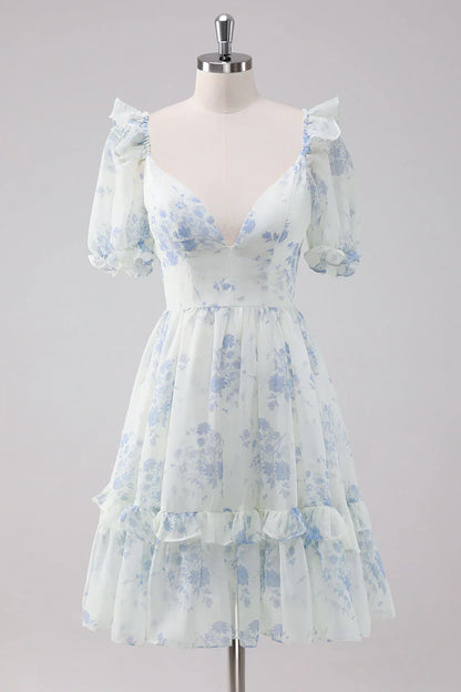 omberprom Elegant Homecoming Dress Short Sleeves Light Blue Floral Short with Dress