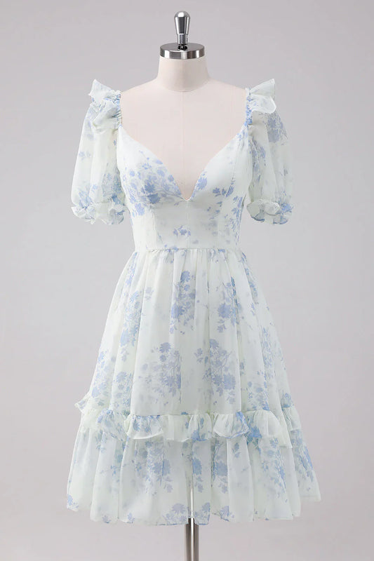 omberprom Elegant Homecoming Dress Short Sleeves Light Blue Floral Short with Dress