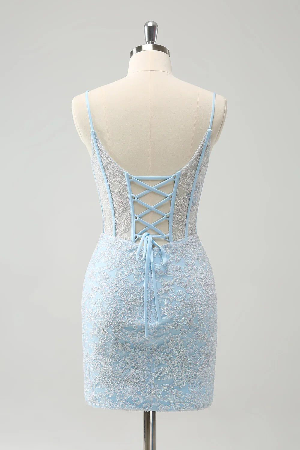 omberprom Short Homecoming Dresses Light Blue Corset Spaghetti Straps Tight with Lace Up Back