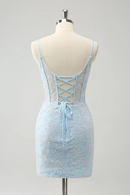 omberprom Short Homecoming Dresses Light Blue Corset Spaghetti Straps Tight with Lace Up Back