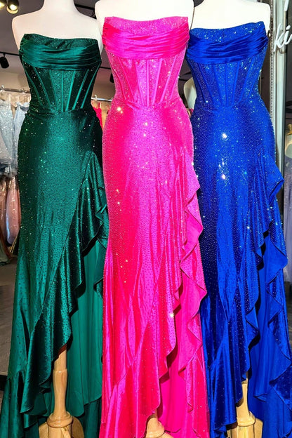 Sparkly Orange Mermaid Prom Dress with Strapless Bodice Lace Up Closure and Beaded Slit