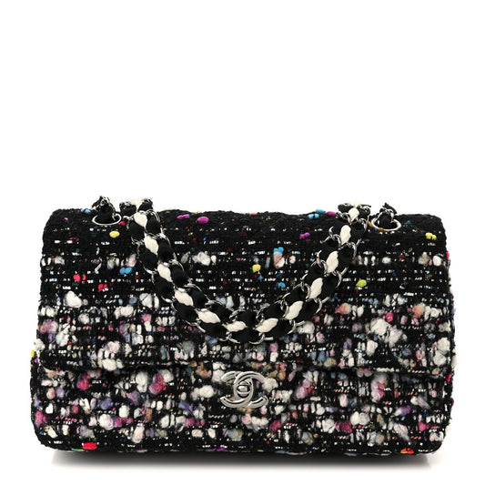 Tweed Quilted Medium Double Flap Black White Yellow Pink