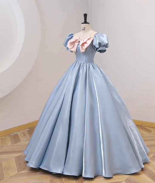 Sweet Princess Light Blue Square Neck Bow Puff Sleeve Satin Ball Gown Evening Dress Sweet 16 Dress P4414