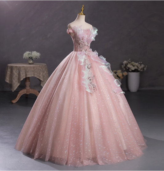 Dreamy Pink Off-Shoulder 3D Floral Iridescent Tulle Ball Gown Evening Dress Sweet 16 Dress P4415