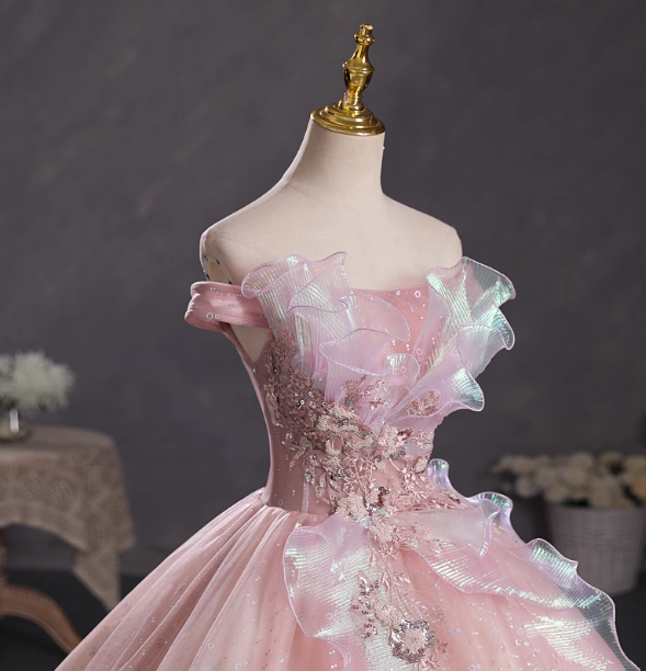 Dreamy Pink Off-Shoulder 3D Floral Iridescent Tulle Ball Gown Evening Dress Sweet 16 Dress P4415