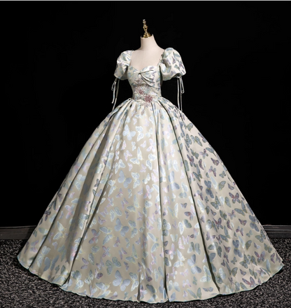 Dreamy Butterfly Jacquard Square Neck Puff Sleeve Satin Long Ball Gown Evening Dress Sweet 16 Dress P4417