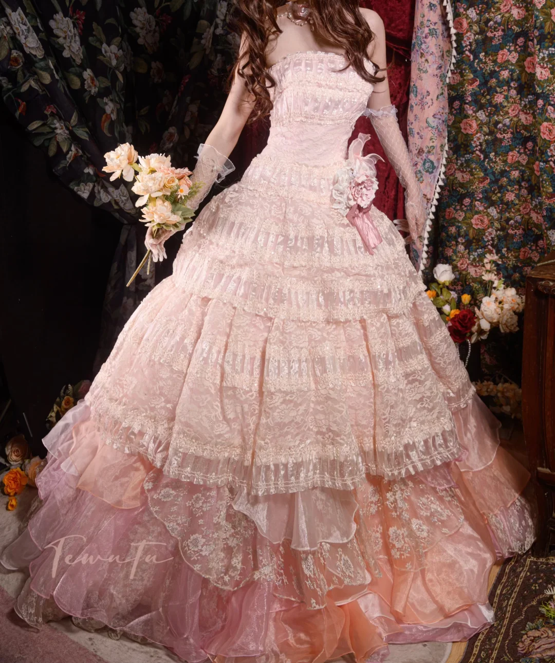 Vintage-Inspired Ruffled Pastel Pink Layered Lace A-Line Strapless Ball Gown TP5109