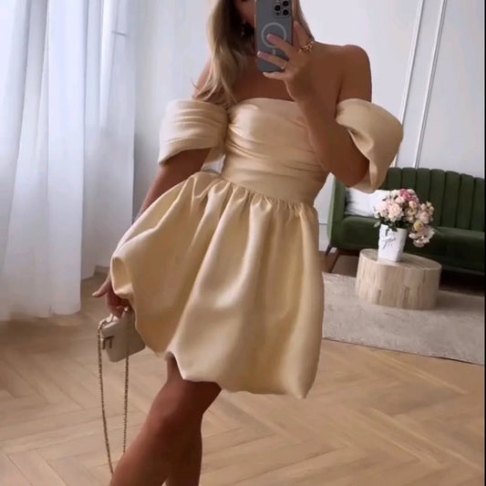 One-shoulder satin pleated princess skirt homecoming dress R2429