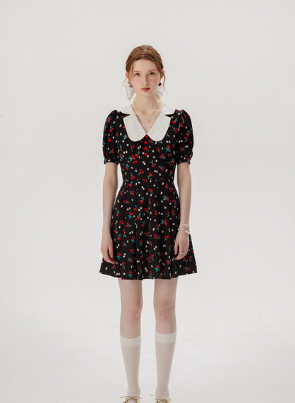 Baby collar floral dress French style black dress petite short dress female summer new style R3561