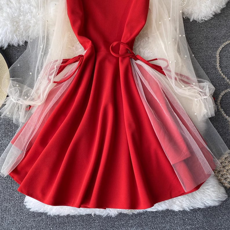 2025 Puff Sleeve V-Neck Low-cut Mesh Beaded A-Line Skirt Short Sleeve Slim Waist Midi Dress R0409