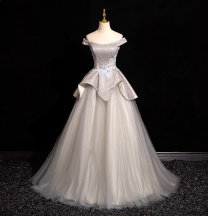 Gorgeous Court Silver-White One-Shoulder Sequin Tulle Long Ball Gown Evening Dress Sweet 16 Dress P4420