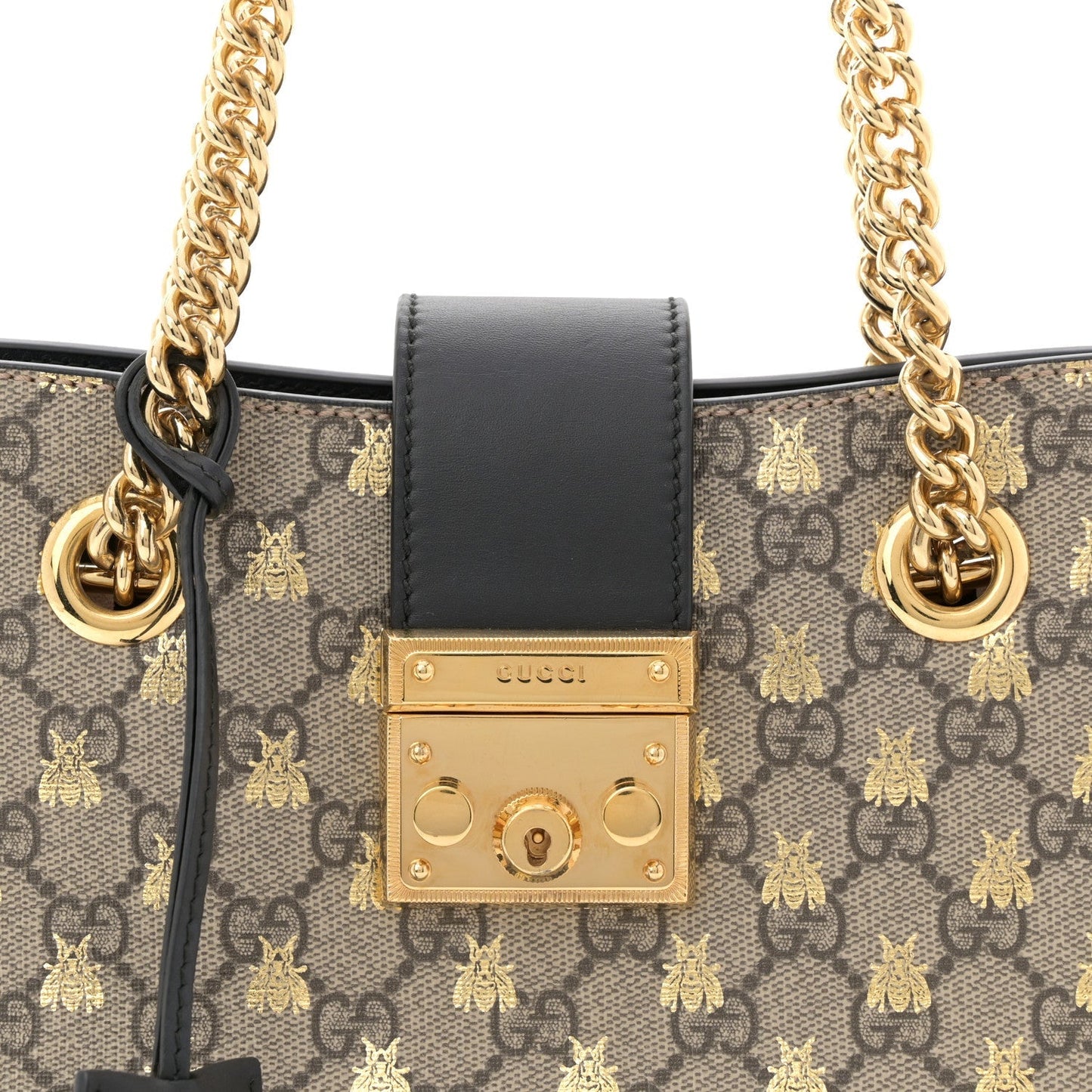 GG Supreme Monogram Bees Small Padlock Tote Beige Oro Black