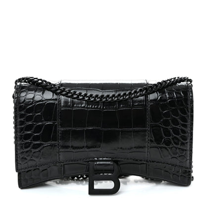 Shiny Calfskin Monochrome Crocodile Embossed Hourglass Chain Bag Black