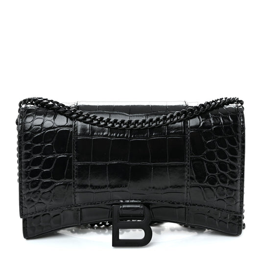 Shiny Calfskin Monochrome Crocodile Embossed Hourglass Chain Bag Black