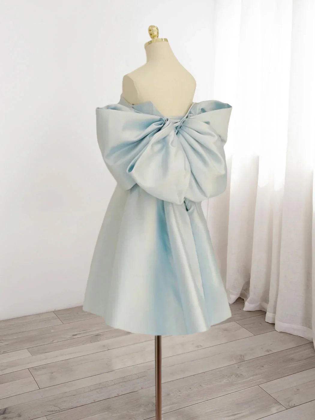 Vintage Light Blue Sweetheart Strapless Bow Design A-line Satin Party Dress Homecoming Dress TP4055