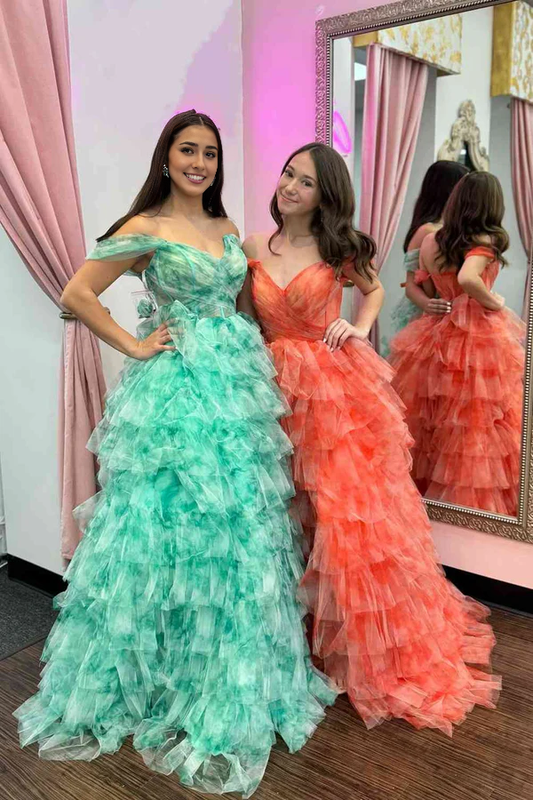 omberprom Evening Dress Off the Shoulder Coral Print Tiered Long Prom Dress