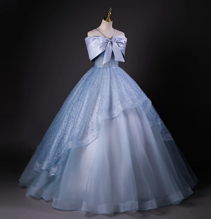 Dreamy Princess Blue Off-Shoulder Oversized Bow Tulle Long Ball Gown Evening Dress Sweet 16 Dress P4426