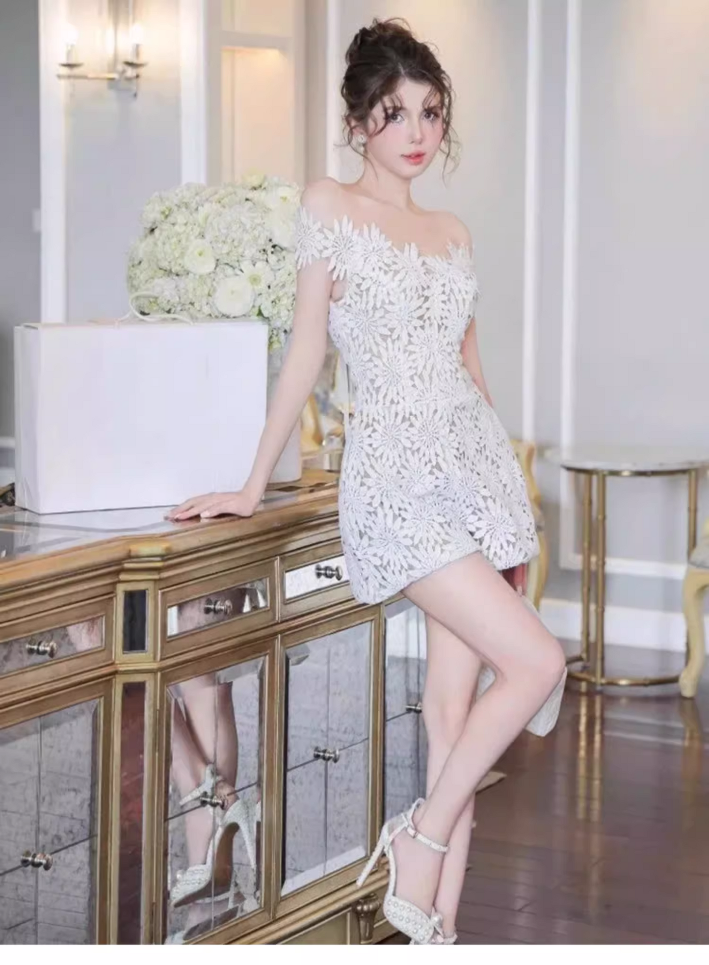 Cute White Appliqued Off-the-shoulder Design A-line Party Dress Homecoming Dress TP3849