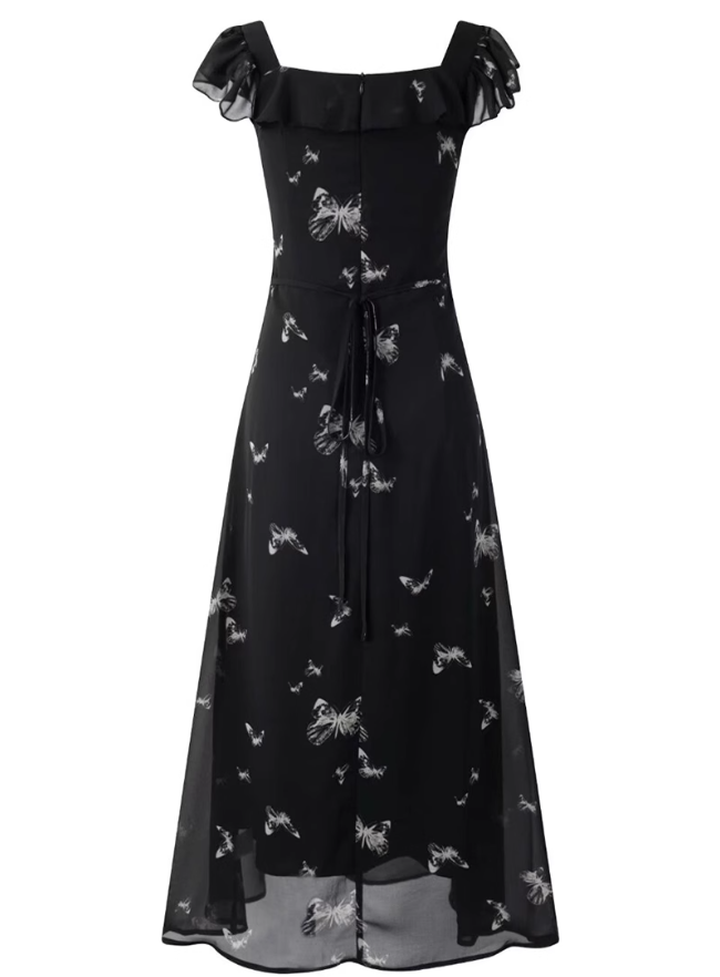 2025 Summer New Black Flying Sleeve Waisted Mid-Length Printed Fishtail Dress R0913