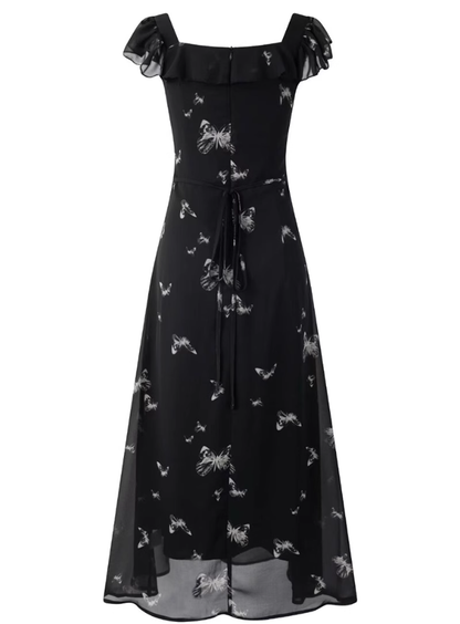 2025 Summer New Black Flying Sleeve Waisted Mid-Length Printed Fishtail Dress R0913