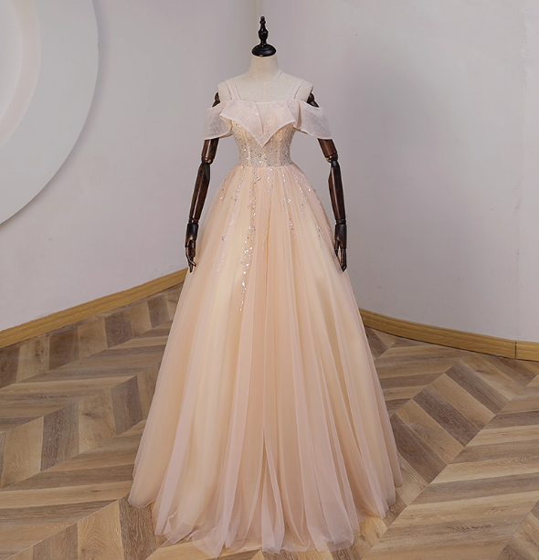 Elegant Champagne One-Shoulder Tulle Long Ball Gown Evening Dress Sweet 16 Dress P4428