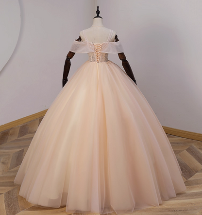 Elegant Champagne One-Shoulder Tulle Long Ball Gown Evening Dress Sweet 16 Dress P4428